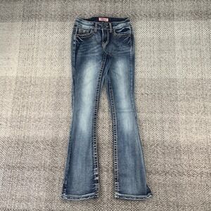 True Luck Bootcut Jeans Womens 1/2 Blue Medium Wash Embellished Thick Stitch
